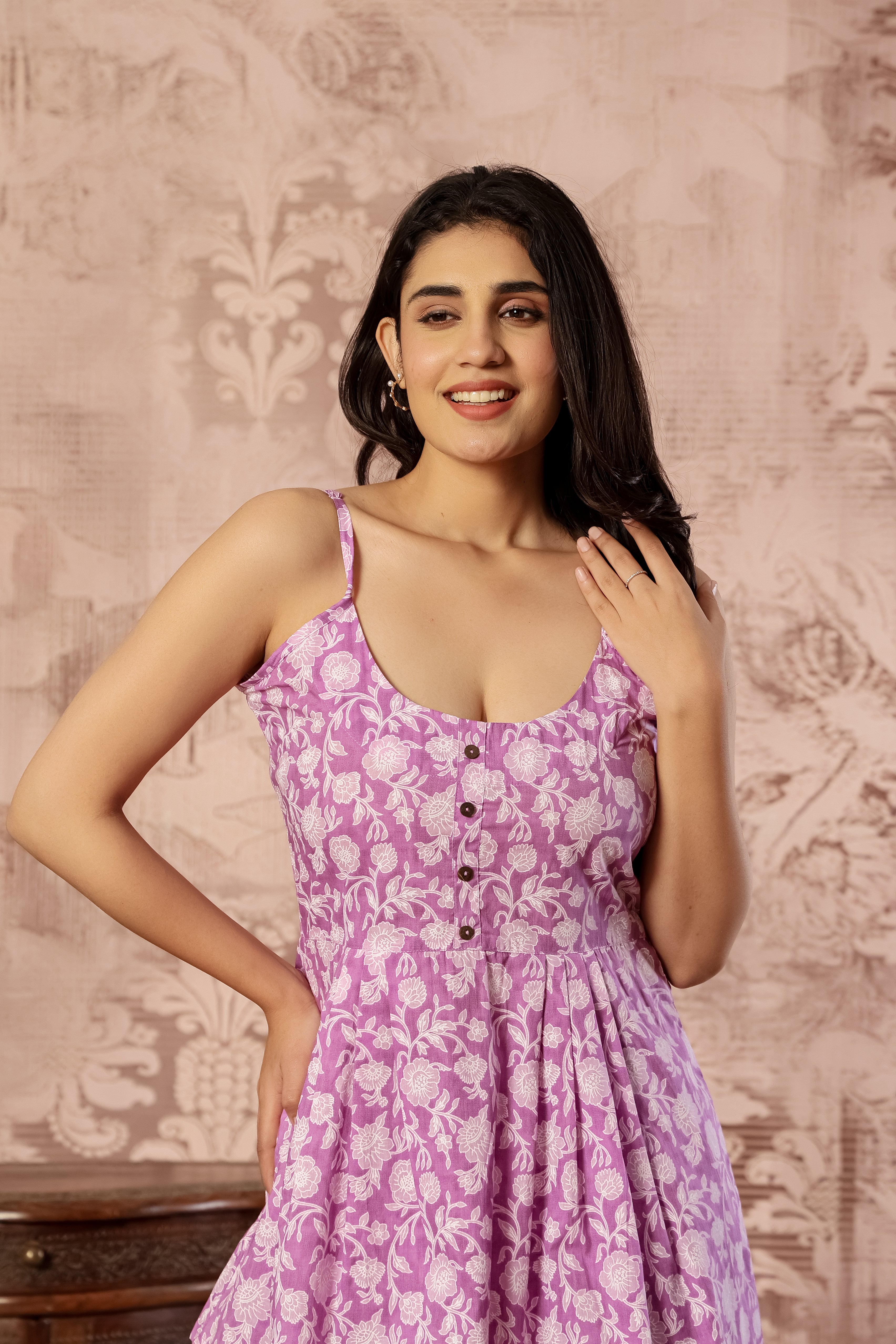 Pink printed cotton co-ord set with spaghetti kurti and straight pants by Rouhab, showcasing vibrant design and comfortable fit.