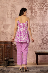 Pink floral printed cotton co-ord set with spaghetti kurti and straight pants by Rouhab, featuring a stylish and comfortable design.