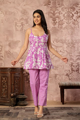 Pink floral printed cotton co-ord set featuring a spaghetti kurti and straight pants from Rouhab.