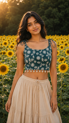Teal Floral Tie-Up Crop Top