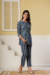 Navy Blue Floral Printed Kurti with Striped Straight Pants – Cotton Co-ord Set