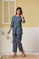 Navy Blue Floral Printed Kurti with Striped Straight Pants – Cotton Co-ord Set