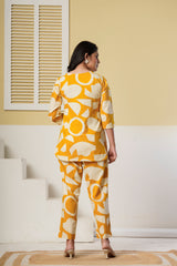 Mustard Yellow Geometric Printed Kurti with Straight Pants – Cotton Co-ord Set