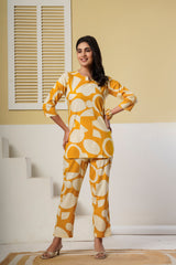 Mustard Yellow Geometric Printed Kurti with Straight Pants – Cotton Co-ord Set