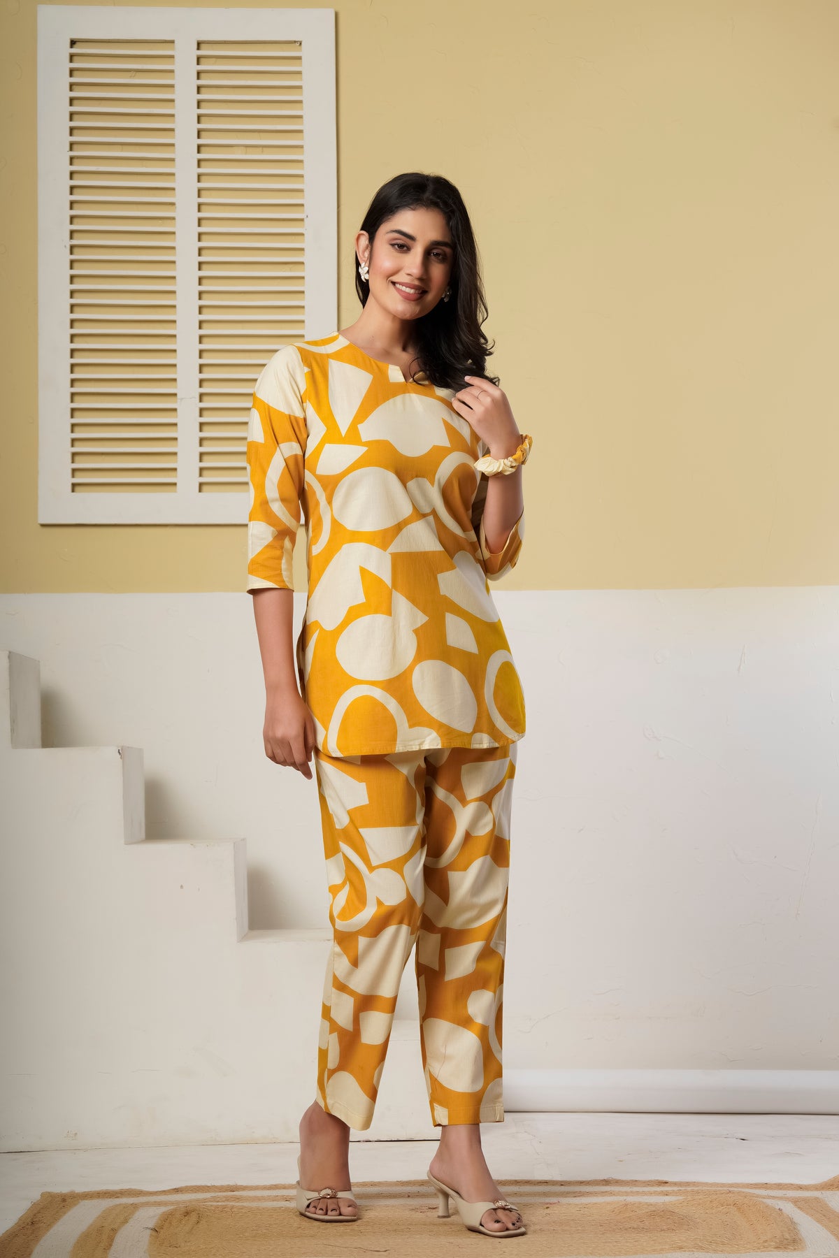 Mustard Yellow Geometric Printed Kurti with Straight Pants – Cotton Co-ord Set