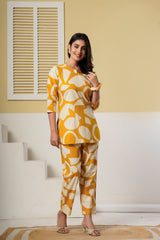 Mustard Yellow Geometric Printed Kurti with Straight Pants – Cotton Co-ord Set