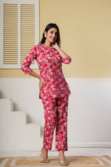 Red Floral Printed Kurti with Straight Pants – Cotton Co-ord Set