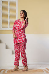 Red Floral Printed Kurti with Straight Pants – Cotton Co-ord Set