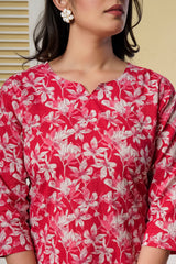 Red Floral Printed Kurti with Straight Pants – Cotton Co-ord Set