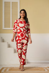 Red Geometric Printed Kurti with Straight Pants – Cotton Co-ord Set