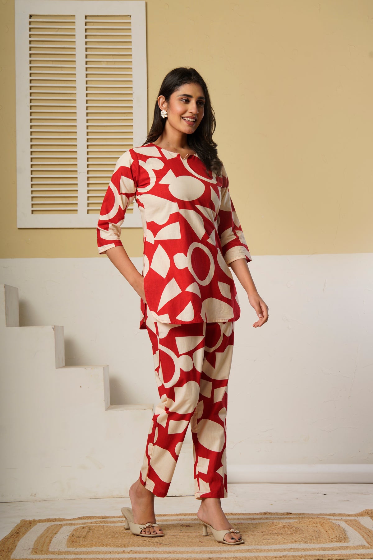 Red Geometric Printed Kurti with Straight Pants – Cotton Co-ord Set