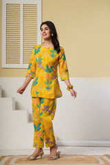 Yellow Floral Printed Kurti with Straight Pants – Cotton Co-ord Set