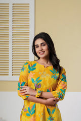 Yellow Floral Printed Kurti with Straight Pants – Cotton Co-ord Set