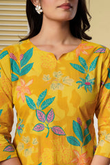 Yellow Floral Printed Kurti with Straight Pants – Cotton Co-ord Set