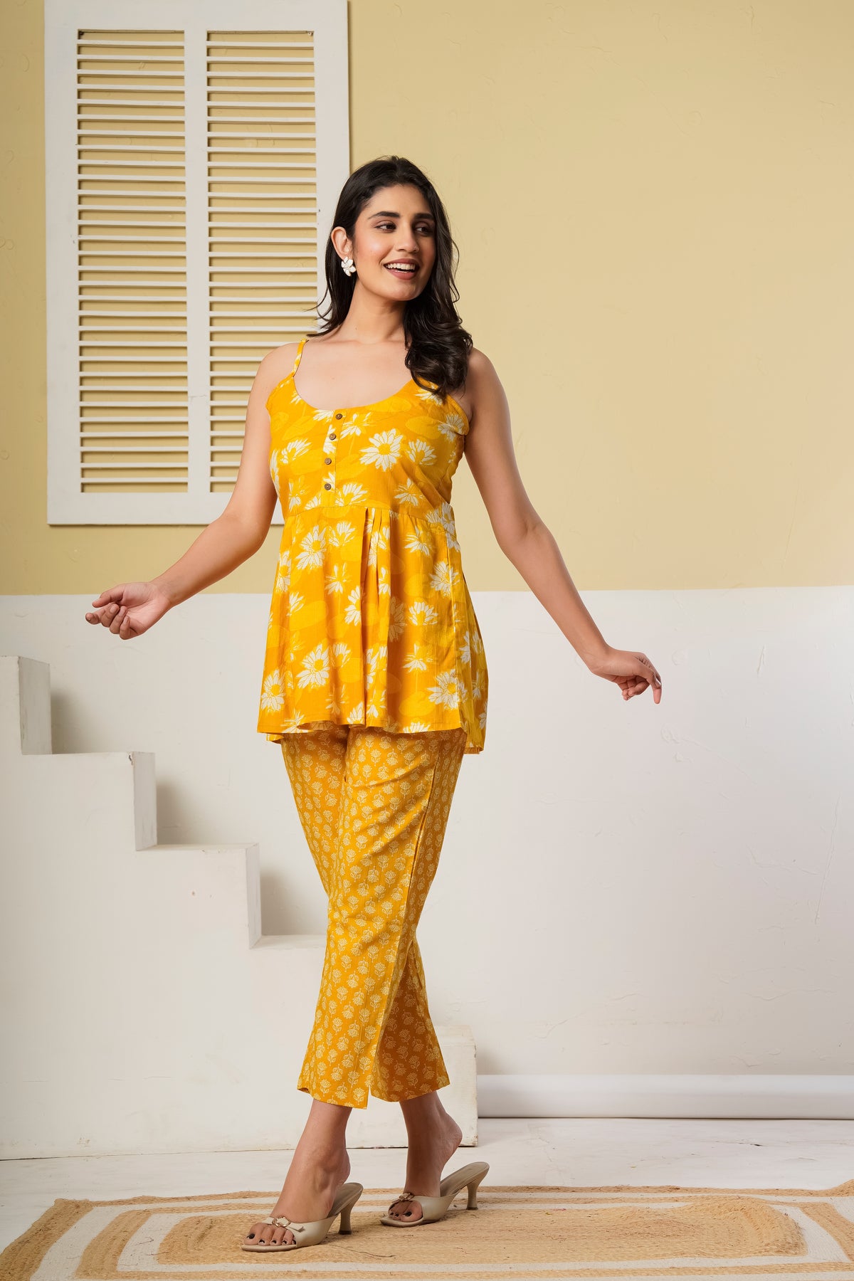 Yellow Floral Printed Spaghetti Kurti with Straight Pants – Cotton Co-ord Set