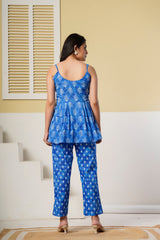 Blue printed cotton co-ord set featuring a spaghetti kurti and straight pants by Rouhab, stylish and comfortable ensemble.