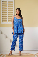Blue printed cotton co-ord set featuring a spaghetti kurti and straight pants by Rouhab, stylish and comfortable traditional wear.
