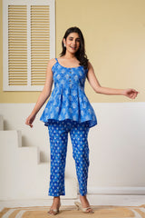 Blue printed spaghetti kurti with straight pants co-ord set by Rouhab, made of cotton, featuring traditional and stylish design.