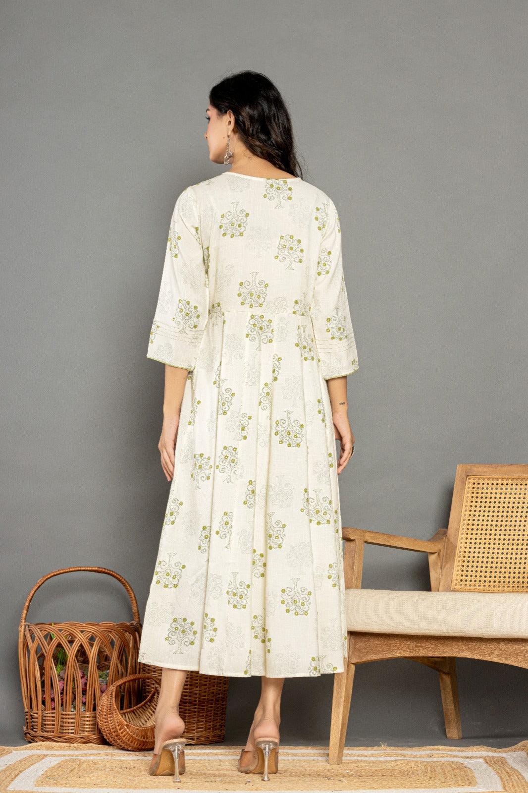 Off White Green Gold Printed Rayon Anarkali Gown