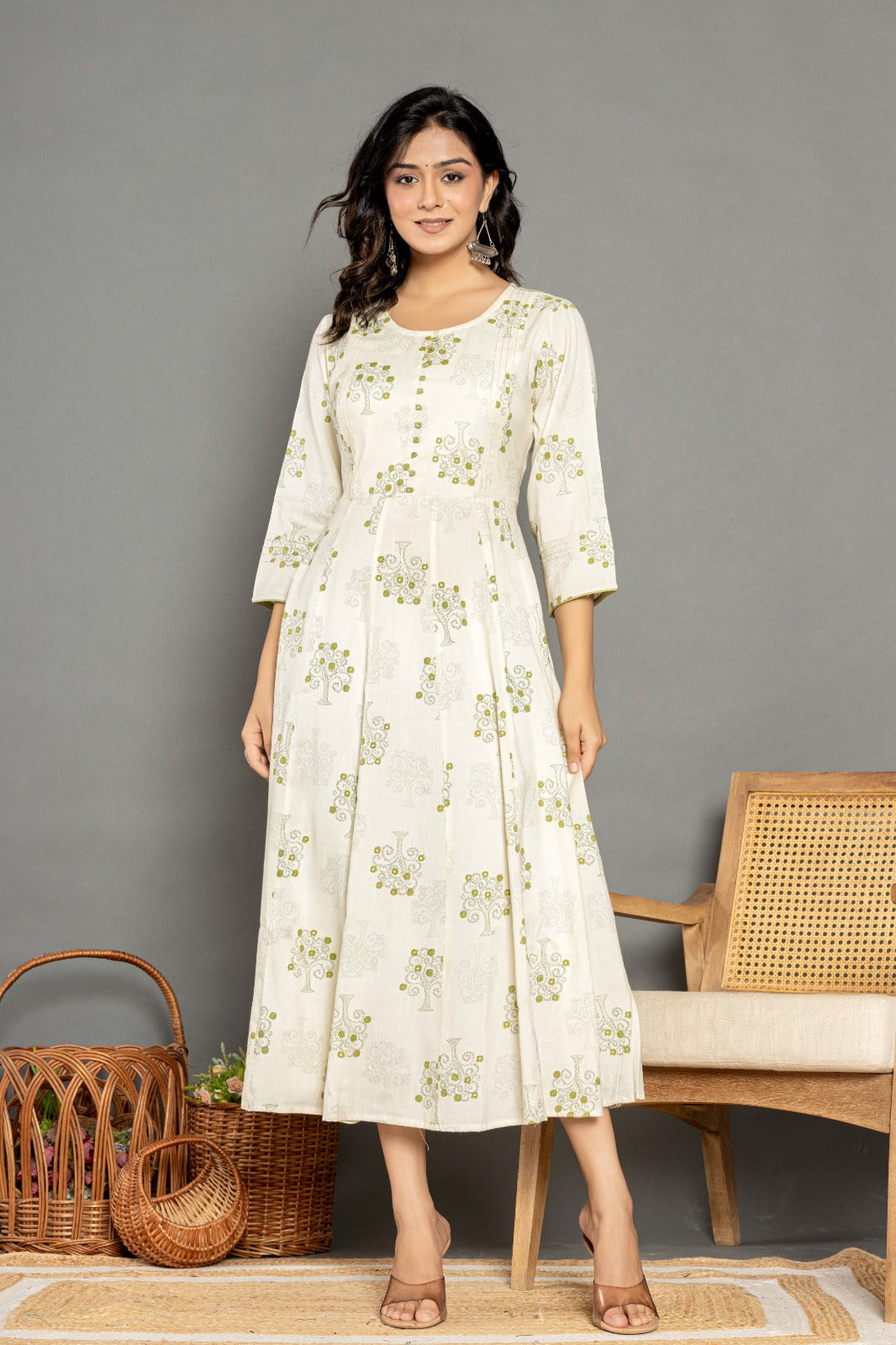 Off White Green Gold Printed Rayon Anarkali Gown