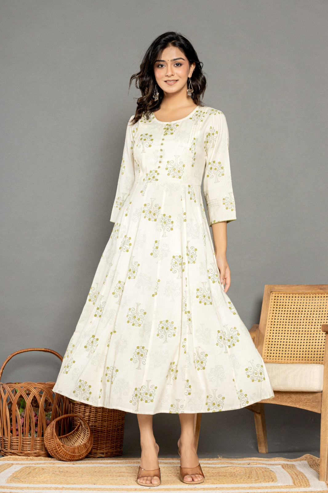 Off White Green Gold Printed Rayon Anarkali Gown