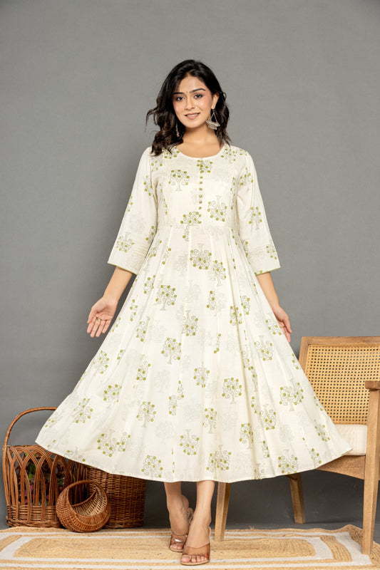 Off White Green Gold Printed Rayon Anarkali Gown