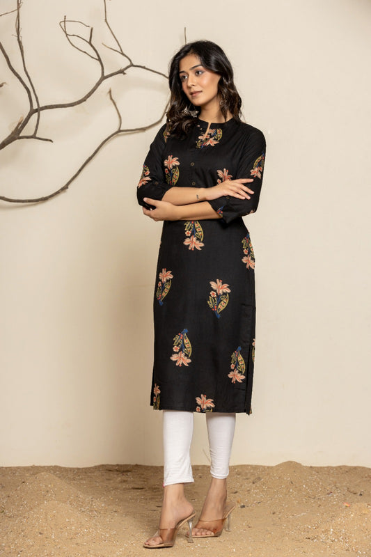 Black Printed Rayon Straight Kurti