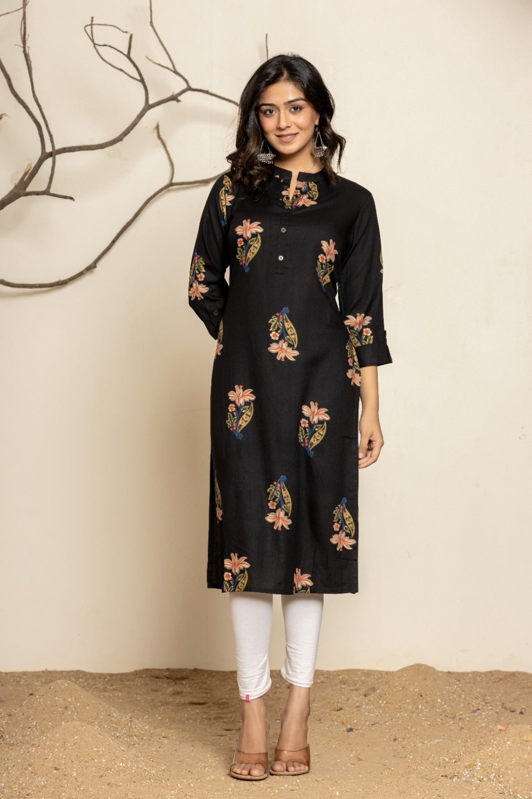 Black Printed Rayon Straight Kurti