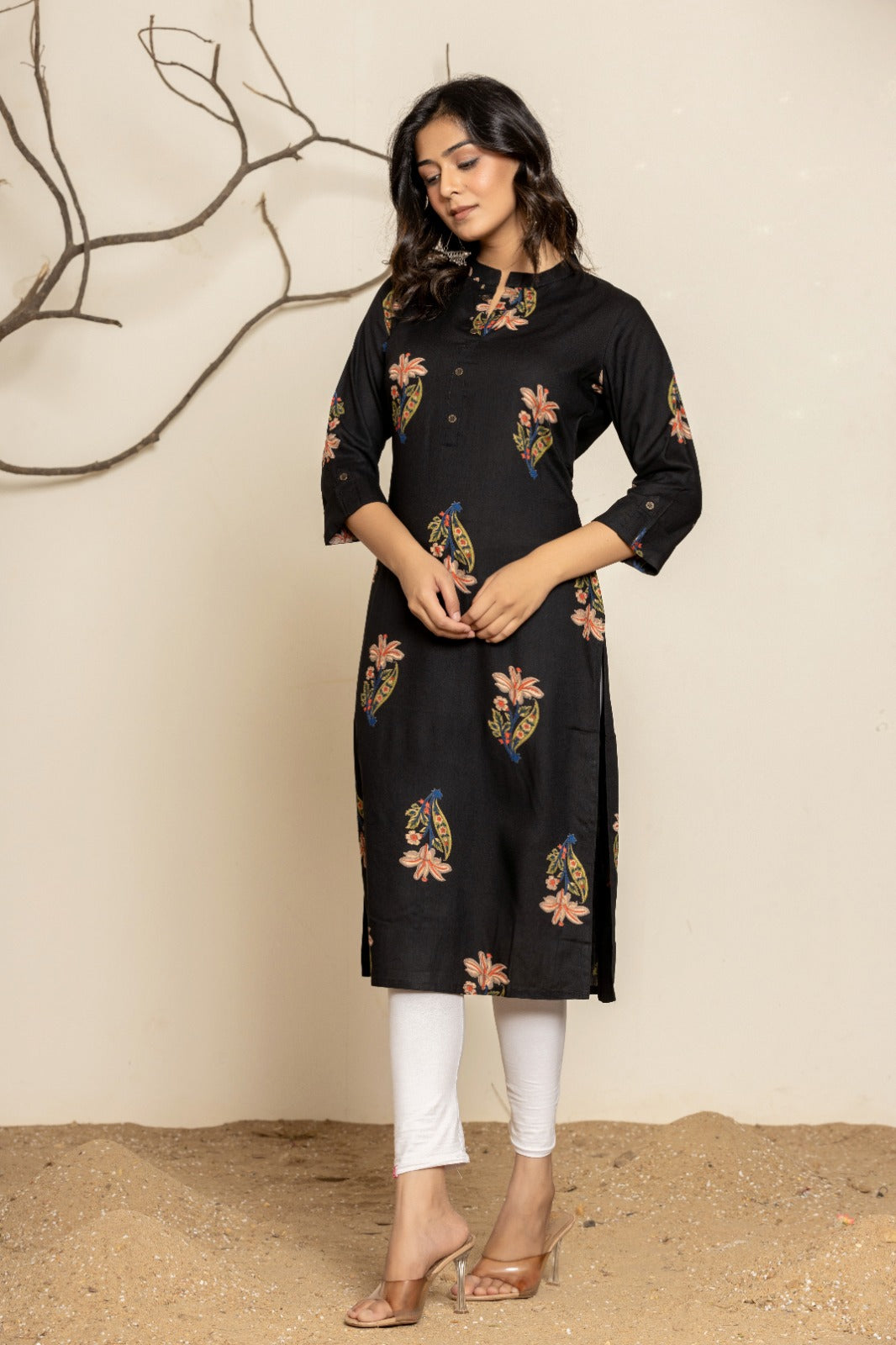 Black Printed Rayon Straight Kurti