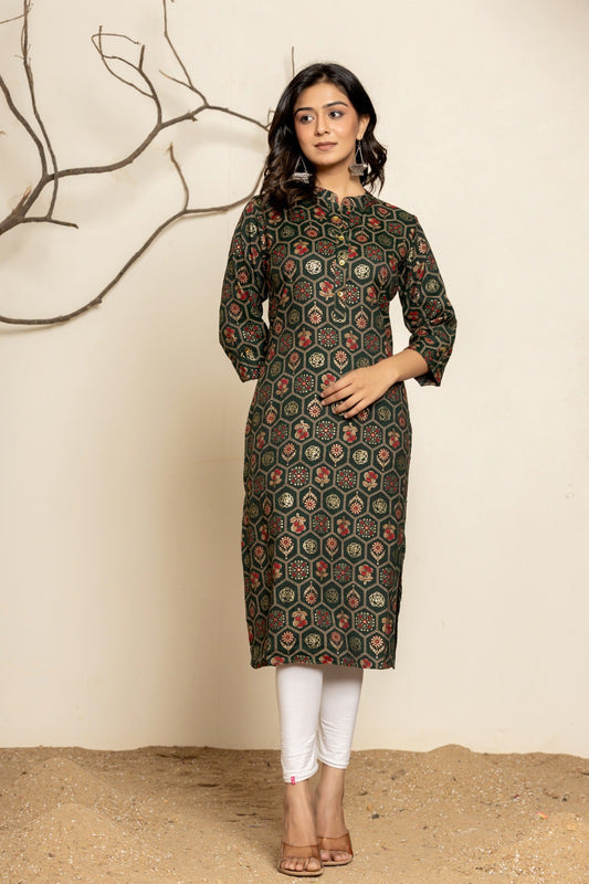 Dark Green Block Printed Rayon Kurti