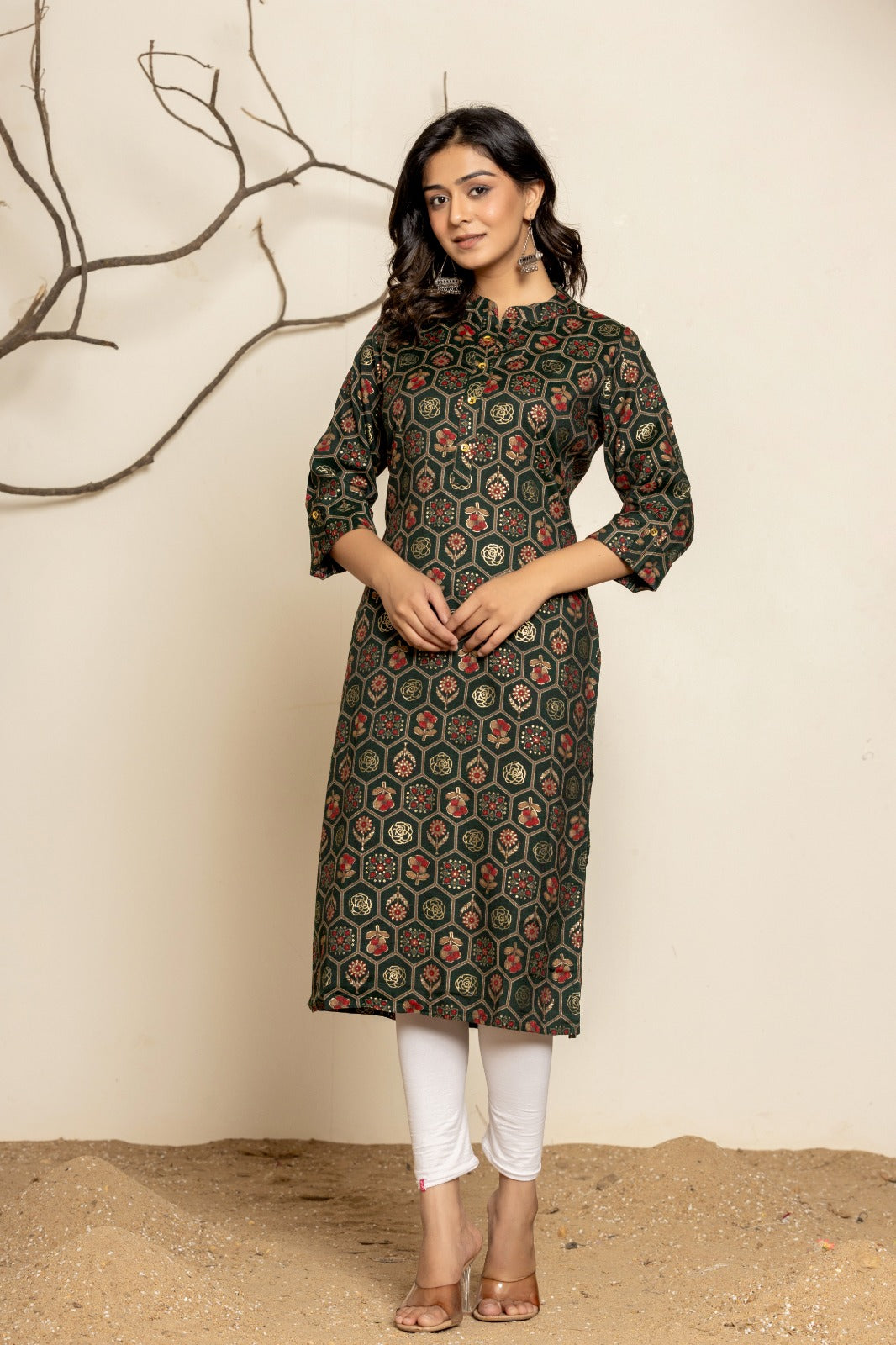 Dark Green Block Printed Rayon Kurti