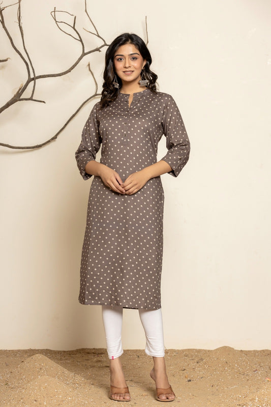 Brown Printed Rayon Straight Kurti