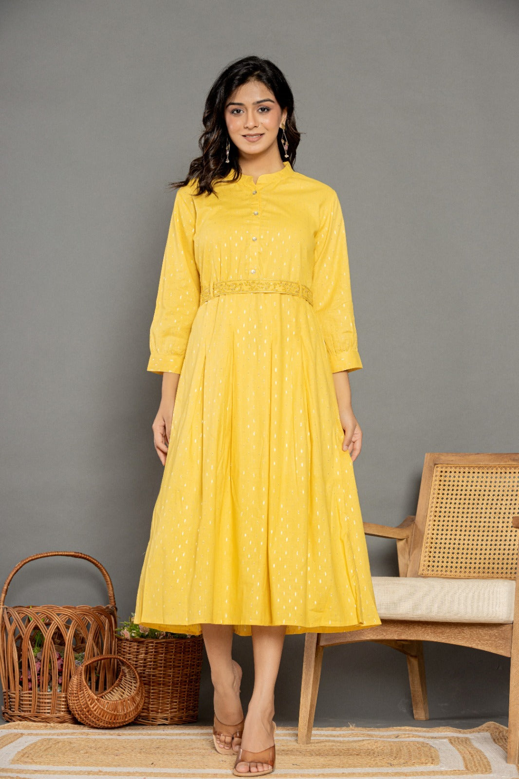 Yellow cotton midi dress